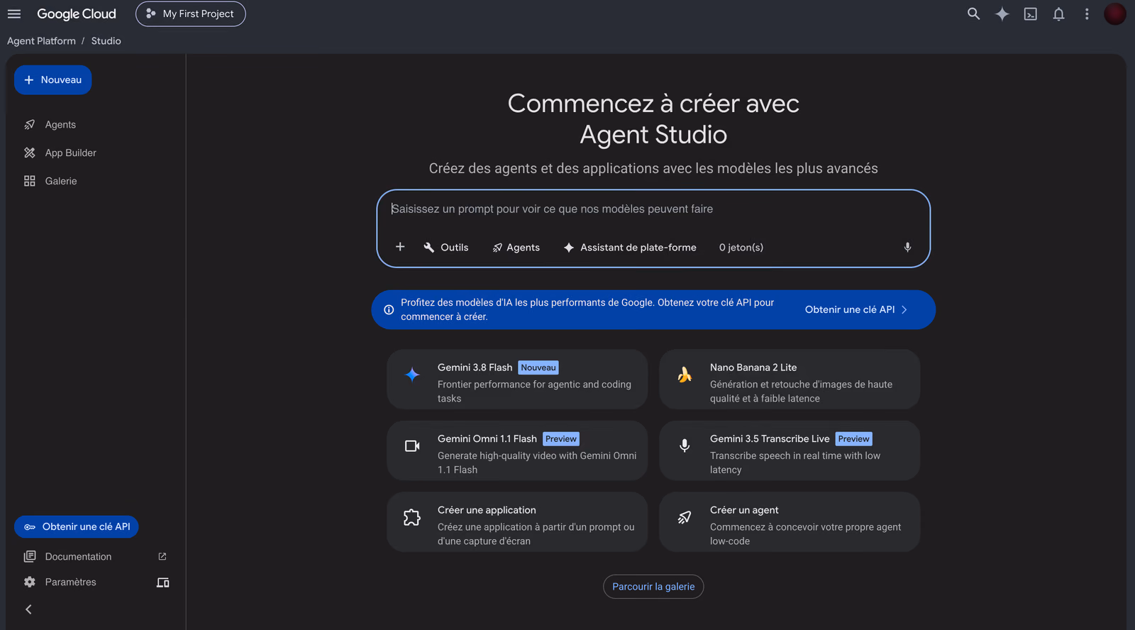 Console Google Cloud, page d’accueil d’Agent Studio, avec Gemini 3.8 Flash en tête des modèles mis en avant et son badge Nouveau
