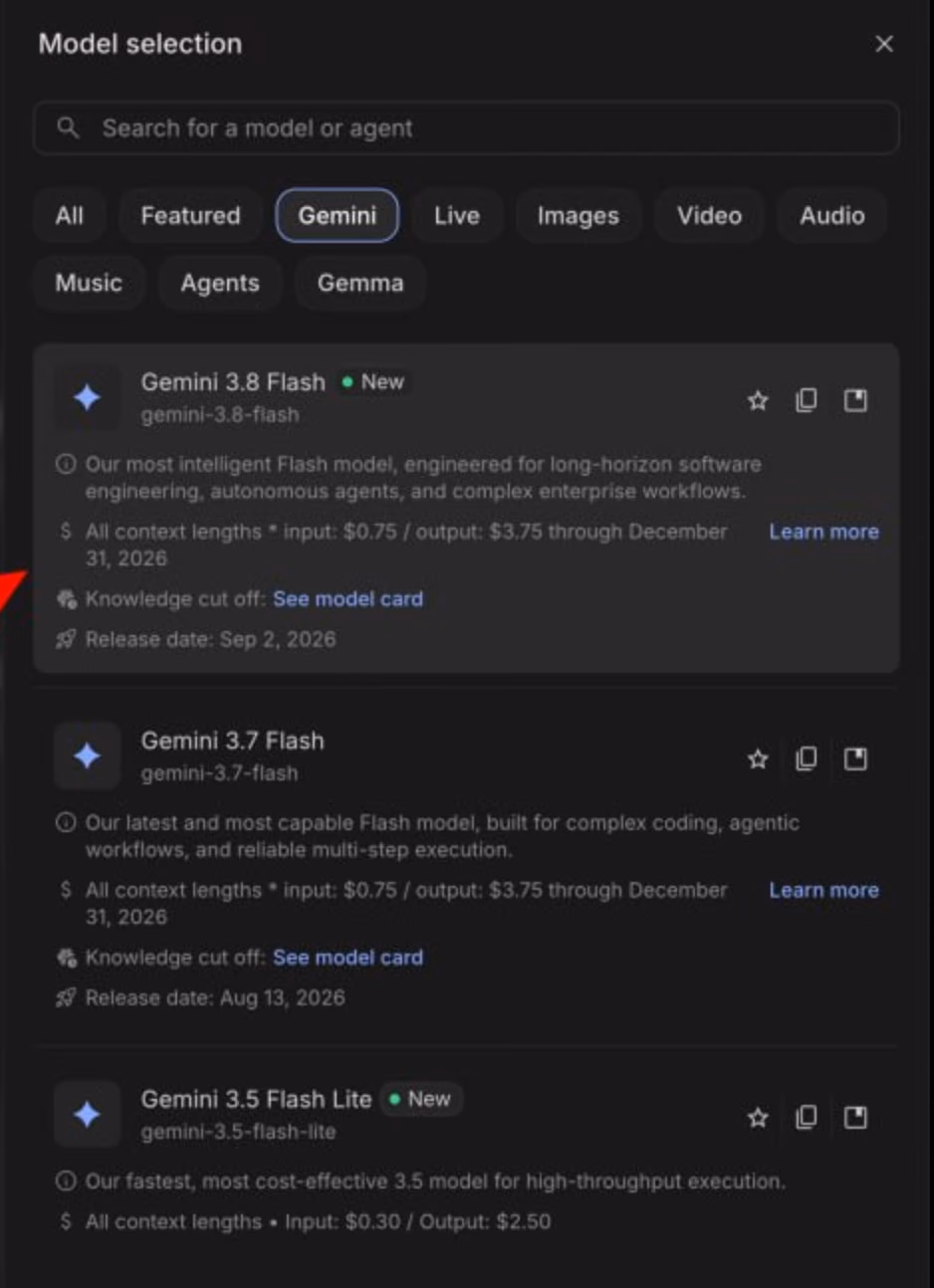Sélecteur de modèles de Google AI Studio, avec Gemini 3.8 Flash marqué New, son identifiant gemini-3-8-flash, son prix et sa date de sortie