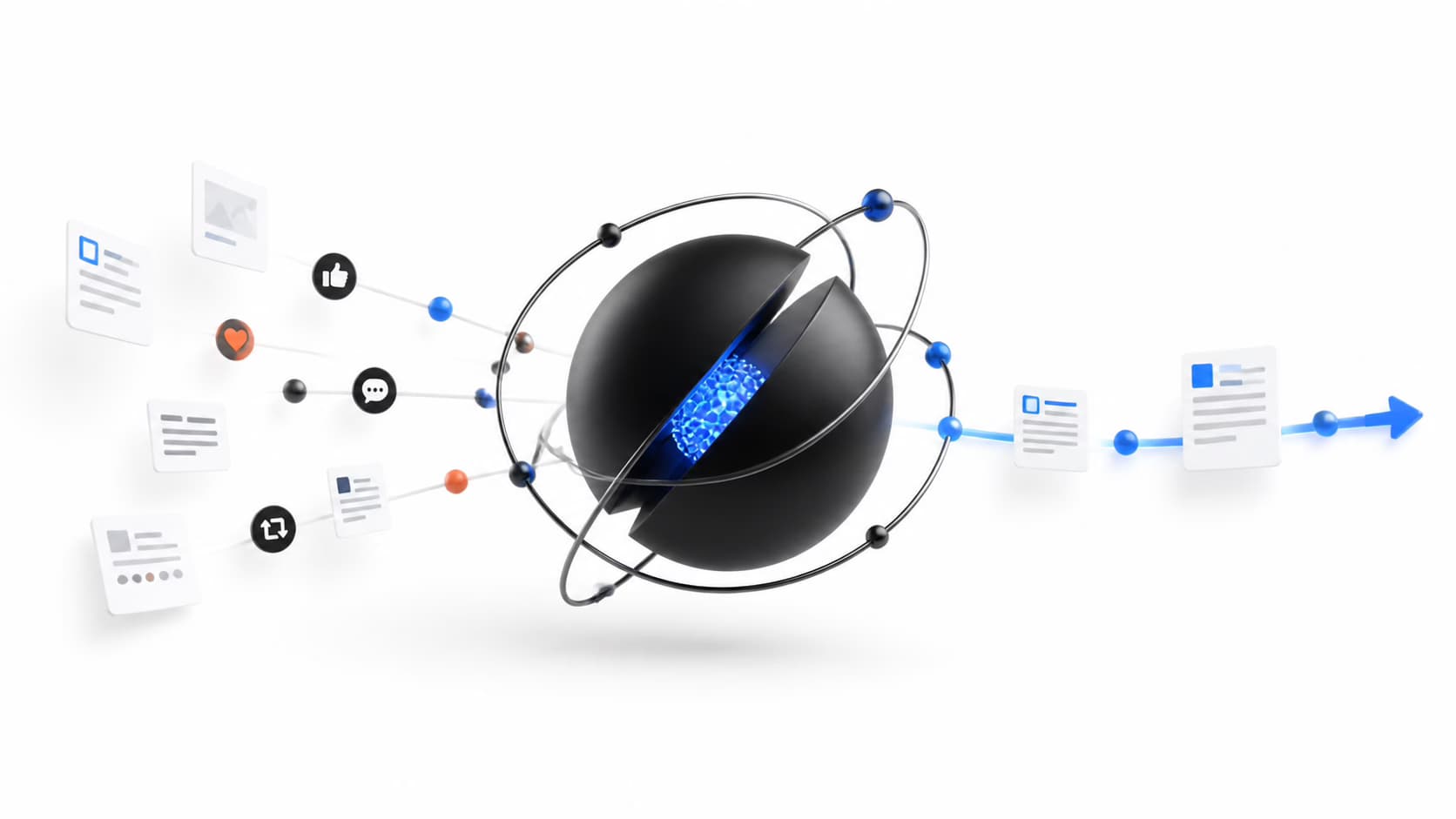 Illustration de Grok 4.7 recevant des signaux sociaux et des pages web avant de produire des réponses citées