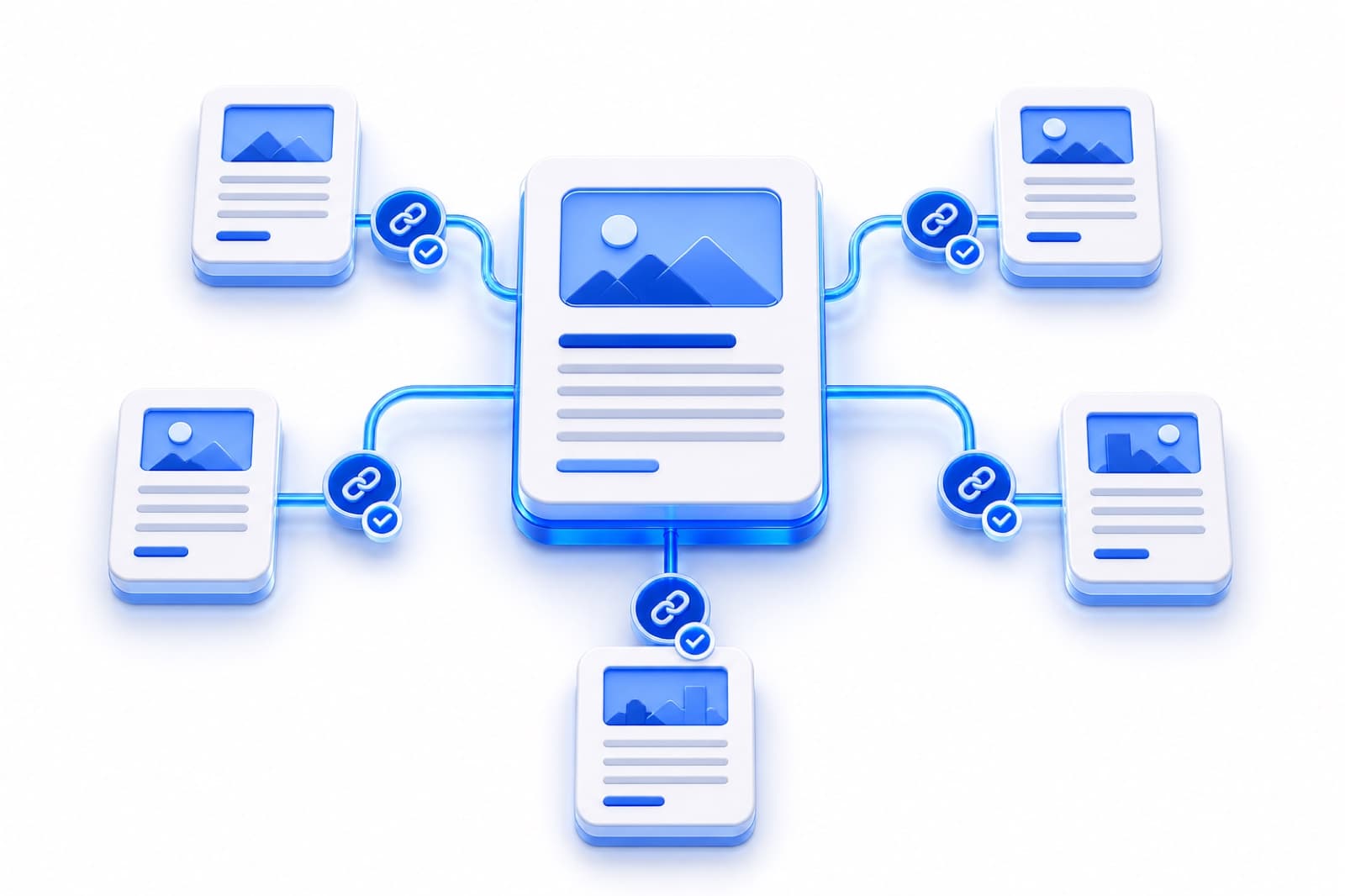 Schéma de maillage interne reliant une page principale à plusieurs contenus pour l’article « Programmatic SEO pour SaaS : générer du trafic à l’échelle sans spammer ».